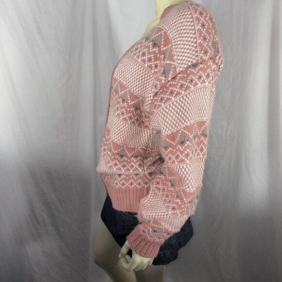 Vintage Gina Peters Knit Cardigan Sweater Pink Fair Isle Geometric Knit Made in - Picture 8 of 16